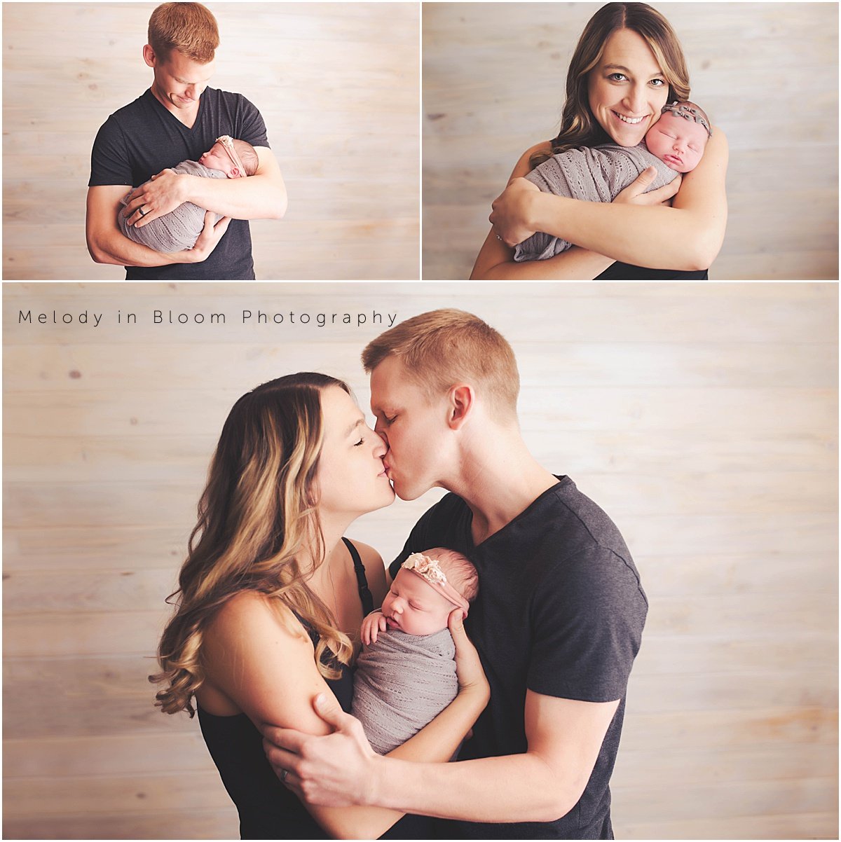 a couple kissing their newborn baby while posing for pictures