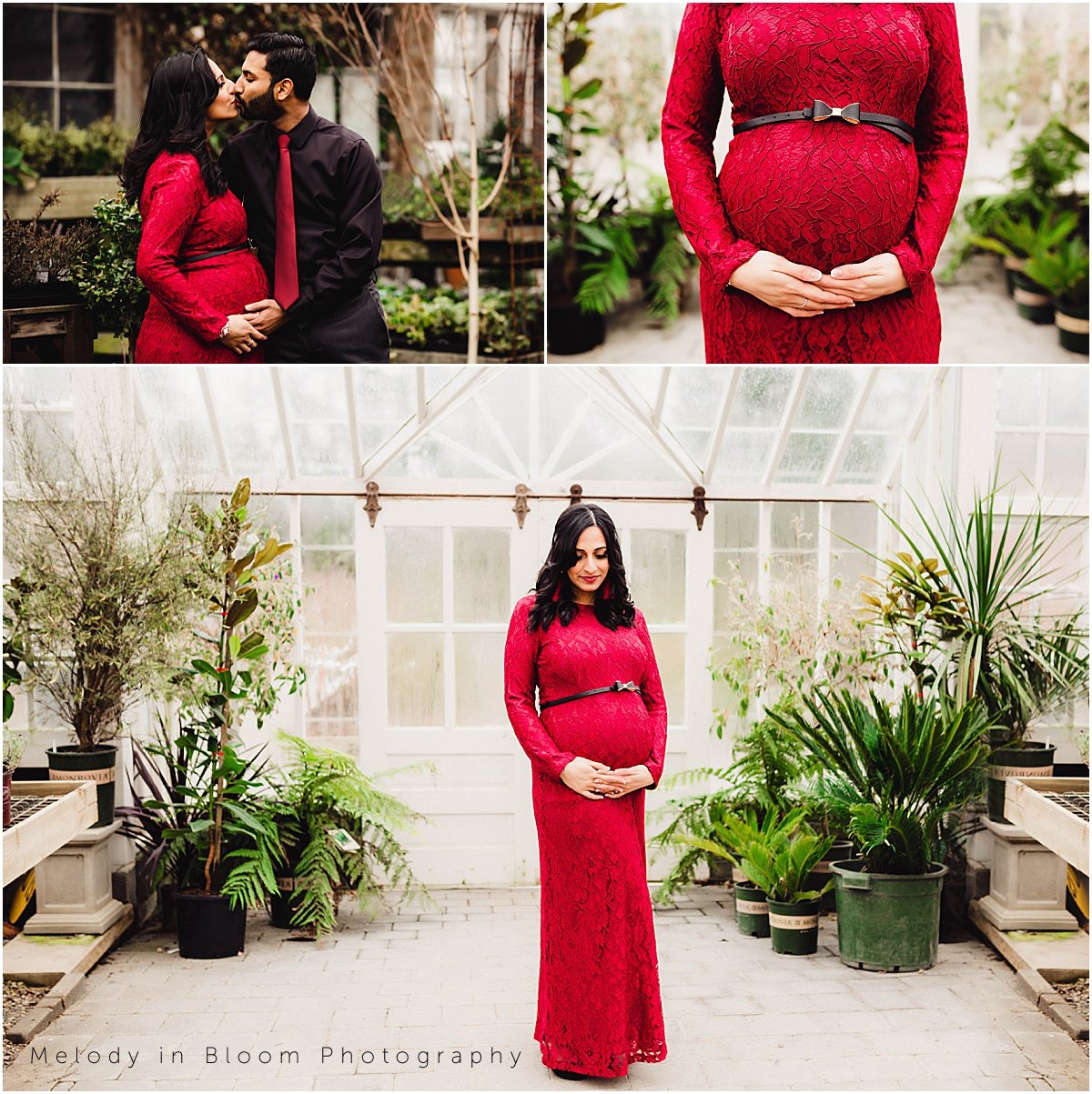 a pregnant woman in a red dress standing next to a man in a black suit